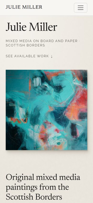 The Julie Miller Art home page on a phone: the artist's name above a single abstract painting